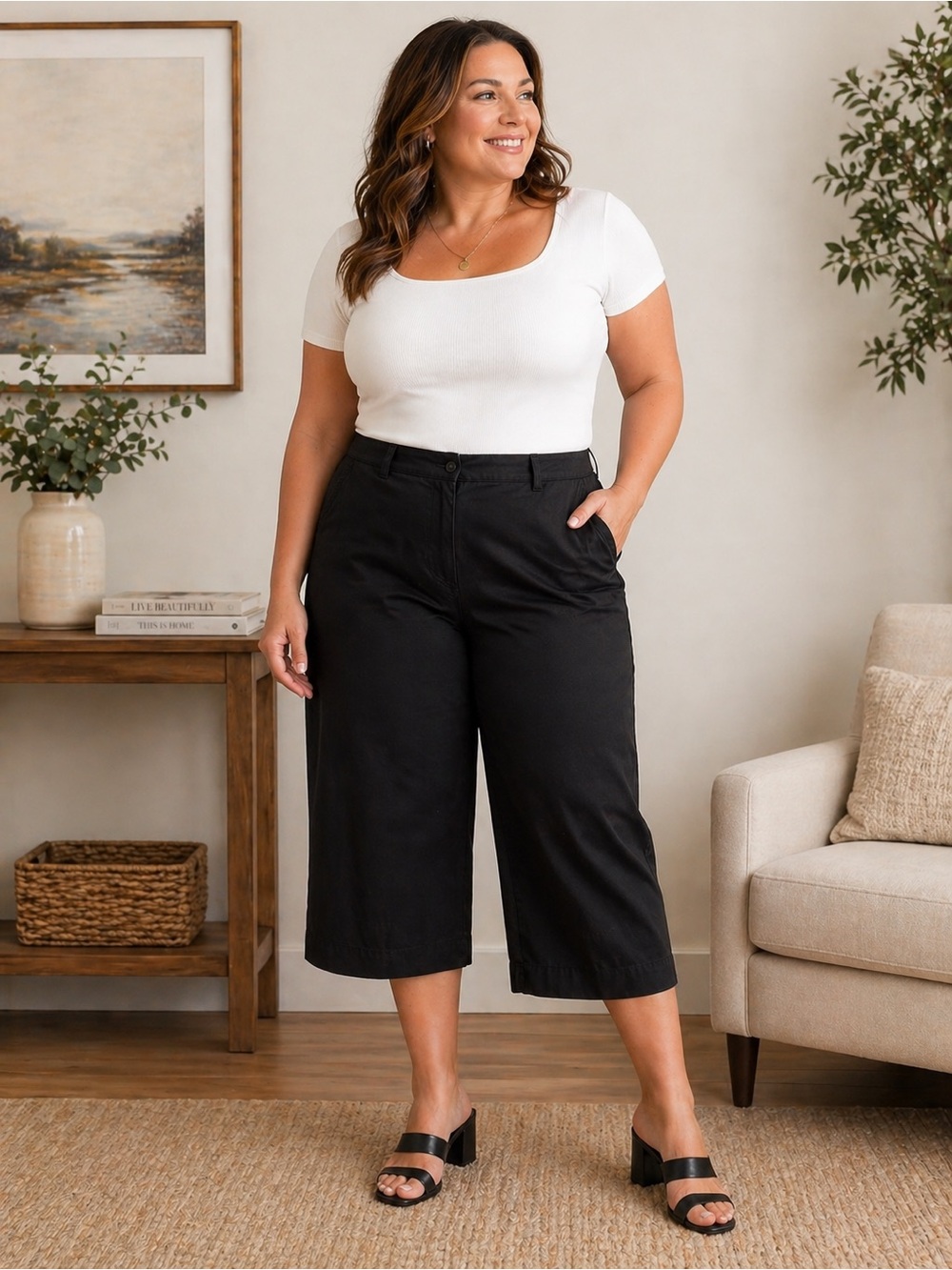 Lauren Ralph Lauren Black Cropped Pants Women 14W Wide Leg High Rise Casual